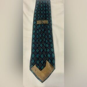 Calvin Klein Silk Teal and Gold Geometric Tie